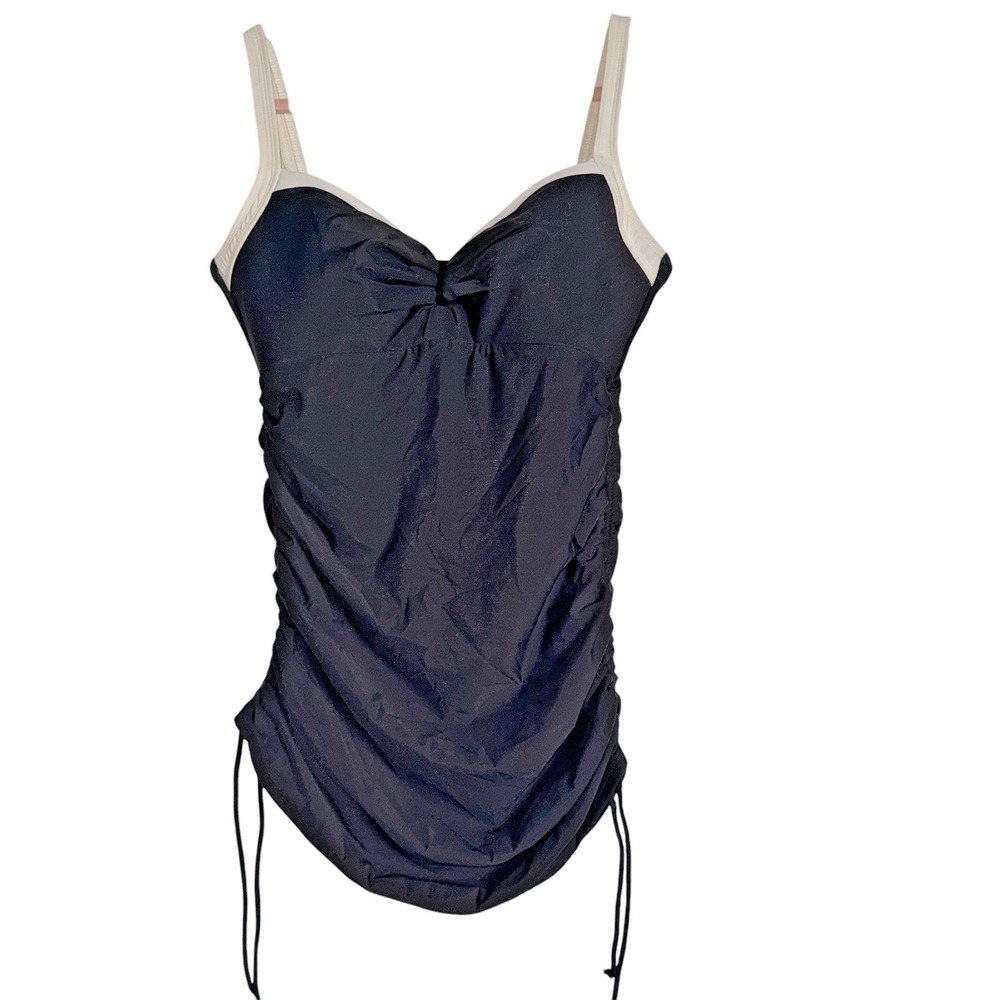 Black Ruched One Piece Swimsuit White Trim Sweetheart Neckline Adjustable Ties